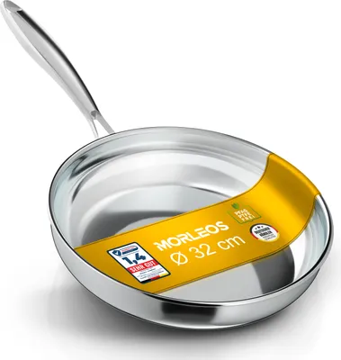 Produktbild von Morleos Edelstahlpfanne 32cm Unbeschichtet | 5-Schicht - 3mm - 1,67 kg | Bratpfanne aus Edelstahl für Induktion | Spülmaschinenfest & Backofenfest bis 400°C | hochwertige Gastroqualität