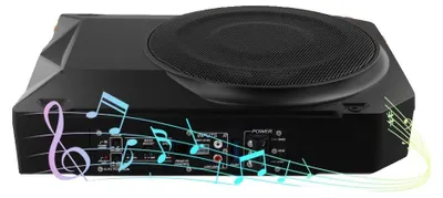Zdjęcie produktu dla Aktywny subwoofer samochodowy, 10 cali, moc 1000 W, napięcie 12 V, zakres częstotliwości 20 Hz – 200 Hz, impedancja 2,8 Ω