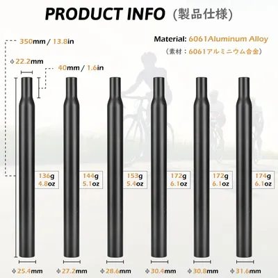 Productafbeelding van Fietszadelpen 25,4 mm, 27,2 mm, 28,6 mm, 30,4 mm, 30,8 mm, 31,6 mm, lengte 350 mm