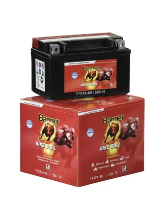 A motorcycle battery and its packaging are shown against a white background.