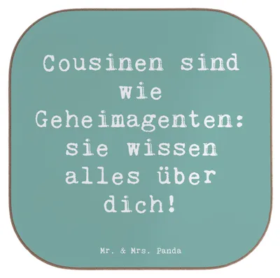 Produktbild von Mr. & Mrs. Panda Tassen Untersetzer Spruch Cousinen Geheimagenten - Meeresbrise - Geschenk, Geburtstage, Cousine, Lachen, Familienmitglieder, Holzuntersetzer, Gläser, für