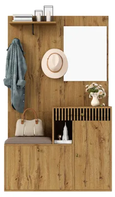 Produktbild von Schuhschrank mit Spiegel – 110 x 185,5 x 37 cm – Stehender Schrank aus MDF mit Sitzgelegenheit und Haken für den Eingangsbereich