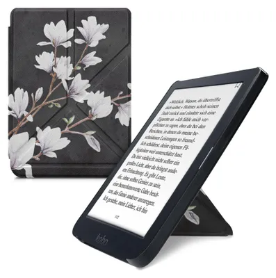 Produktbild von kwmobile Kunstleder eReader Schutzhülle für Kobo Nia Hülle - Falt Cover für E-Reader in Taupe Weiß Dunkelgrau - Magnolien