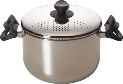 A stainless steel pot with a lid and black handles, shown against a white background.