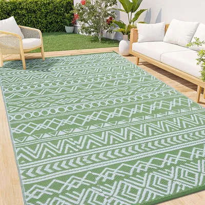 Immagine prodotto di Tappeto da esterno, resistente alle intemperie, motivo geometrico, 180x270 cm, verde e bianco