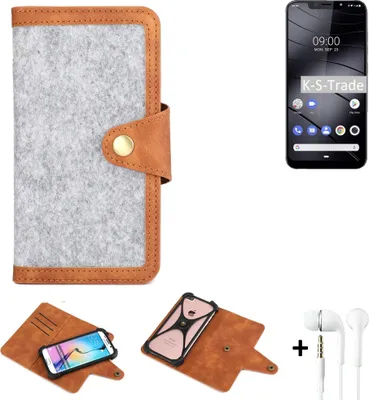 Produktbild von K-S-Trade Handyhülle + Kopfhörer kompatibel mit Gigaset GS195 Schutzhülle Filz Hülle Kunstleder hellgrau braun (1x)