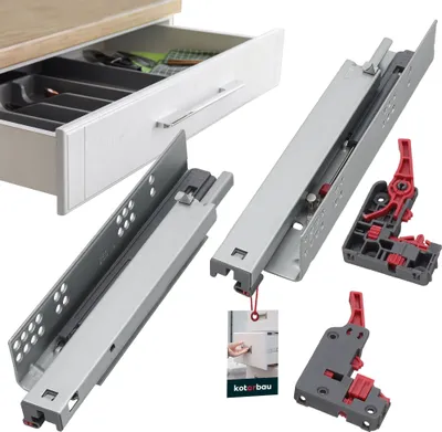 A collage showing drawer slides and a drawer with organizers. A portion of a drawer with cutlery organizers is visible on the left. The main focus is on two sets of drawer slides, one fully assembled and the other separated into components, with red and gr