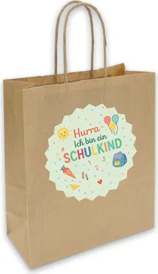 Produktbild von itenga Geschenktüte mit Kordel + Motiv Aufkleber Hurra Ich bin ein Schulkind 12x12cm