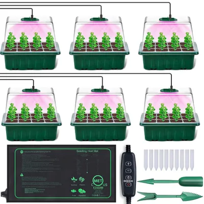 Image de Growbox lampe pour plantes à spectre complet avec tapis chauffant,boîte de culture serre d'intérieur gradable minuterie,kit de culture 6 pots de culture germination en intérieur