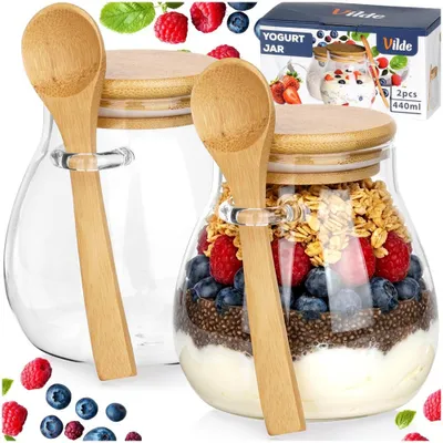 Produktbild von Vilde | 2er Set Joghurtbecher 440 ml - mit Bambusdeckel und Löffel - Joghurtgläser für Musli - Dessertgläser mit Dichtung