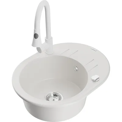 Obrázek produktu pro Mexen Kevin 1-miskový granitový dřez s odkapávačem a kuchyňskou baterií Elia, Bílá - 6517-20-670101-20