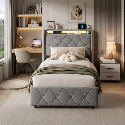 Produktbild von INONEFT Polsterbett 90x200 cm mit LED Beleuchtung und USB Anschlüsse,  Einzelbett mit 2 Schubladen, Jugendbett mit Stauraum Kopfteil, Flanell, Grau, KI-generiertes Bild