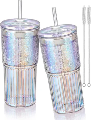 Productafbeelding van Iriserende hoge borosilicaatglazen beker met deksel en rietje - 650 ml ijskoffie glazen bekers drinkpotten glazen smoothie theekop