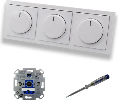 Produktbild von REV Ritter (3 Stück) LED Drehdimmer Dimmer + Busch Jäger Dimmerscheiben 6540-84-102 in Future Linear Studioweiß glänzend im 3-fach Rahmen inkl. EBROM Phasenprüfer zur Montage der Geräte ET1 66012B