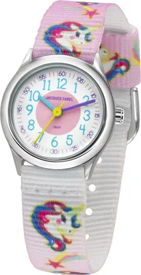 A close-up studio shot of a children's watch with a unicorn design.