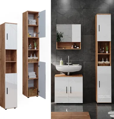 Produktbild von Badschrank Vicco Irma Weiß Hochglanz/Goldkraft Eiche 30 x 192 cm mit Türen, und offenen Fächern, Model 40511