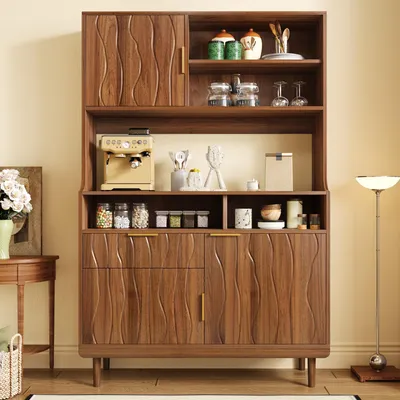 Image de Armoire haute Merax pour cuisine, avec tiroir et portes, buffet avec étagères ouvertes, façade ondulée, armoire de rangement sur pieds en bois, en noyer