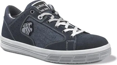 A single blue and gray safety shoe is shown against a white background.