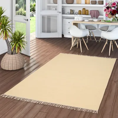 Produktbild von Wolle Natur Teppich Kelim Einfarbig mit Fransen, Größe:70x300 cm, Farbe:Creme