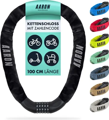 Produktbild von AARON Lock One Fahrradschloss schwarz mit 5-stelligem Zahlencode - hohe Sicherheit - Kettenschloss mit Zahlen aus gehärtetem Stahl – Zahlenschloss Fahrrad, E-Bike Schloss, MTB, Trekkingrad, Rennrad, Motorrad