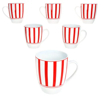 Zdjęcie produktu dla Split czerwone paski zestaw 6 kubków do kawy 300ml kubek porcelanowy 6 os. herbata kakao paski