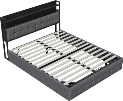Produktbild von Polsterbett mit LED Beleuchtung und USB - Bettgestell 140x200 cm - Bettkasten mit Gaslift - Samtbezug in Leinenoptik - Ohne Matratze