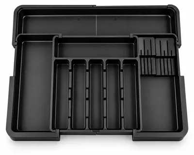 Imagen del producto de Caja para cubiertos Relaxdays, extensible, con 6-9 compartimentos, compartimento para cuchillos, dimensiones: 5 x 33-56,5 x 37-48,5 cm, organizador para cajones, color negro, Imagen generada por IA