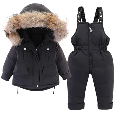 Produktbild von Baby Daunenjacke und Daunenhose 2PCS, Mädchen Jungen Winter Mantel mit Kapuze Kinder Skianzüge (Schwarz,110cm)