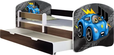 Produktbild von ACMA Jugendbett Kinderbett Junior-Bett Komplett-Set mit Matratze Lattenrost und Rausfallschutz Wenge 04 Rote Auto 180x80 + Bettkasten