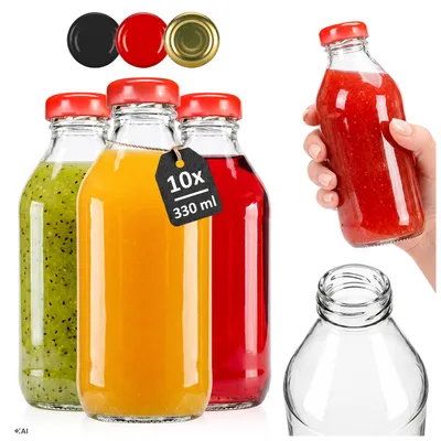 Produktbild von SuperButelki.pl - 10x Glasflaschen 330ml, Flasche 0,33l Saft Säfte Kompott + Verschlüsse, mit Rezepten, Flaschenset, 0,33 l, komplett