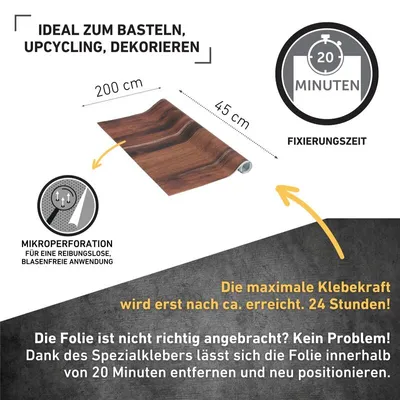 Collage showing a roll of wood-grain adhesive film with diagrams and text explaining its features and application.