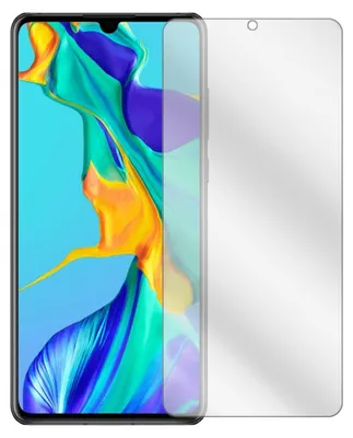A clear screen protector is shown placed over a smartphone screen displaying a colorful abstract wallpaper.