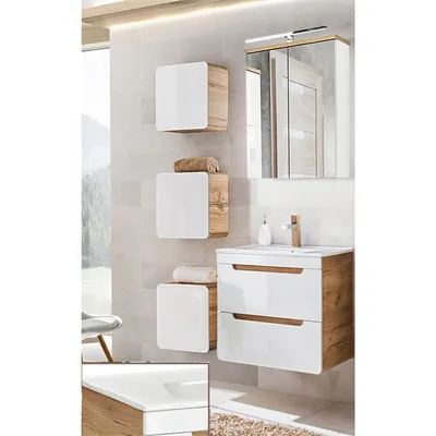 Produktbild von Badmöbel Set Hochglanz weiß mit Wotan Eiche Nb. LUTON-56 mit 61 cm Waschtisch und LED-Spiegelschrank, B/H/T ca. 110/200/46 cm