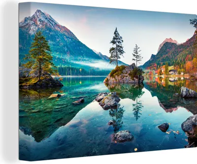 Produktbild von MuchoWow® - Leinwandbilder - Berge - See - Bäume - Natur - Wasser, Wandbild, Wanddeko Bilder Wohnzimmer, 90x60 cm
