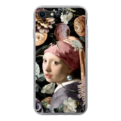 Produktbild von MuchoWow® Handyhülle Schutzhülle Hülle für iPhone SE 2020 Mädchen mit Perlenohrring - Blumen - Vermeer - Pastell - Kunstwerk - Gemälde - Alte Meister Silikon Softcase Handy Hülle - Kartenbesitzer