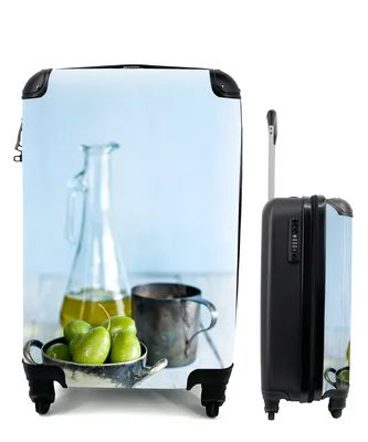 Produktbild von MuchoWow® Koffer Handgepäck Trolley Rollkoffer Kleine Reisekoffer mit 4 Rollen - Grüne Oliven in einer kleinen Schüssel - Cabin Size < 55x40x23 cm & 55x40x20 cm - Fotokoffer - Kabinenkoffer - Boardgepäck - Reise-Box - Reisekoffer - Reisegepäck - Koffer mit Bild - Trolley für Kinder