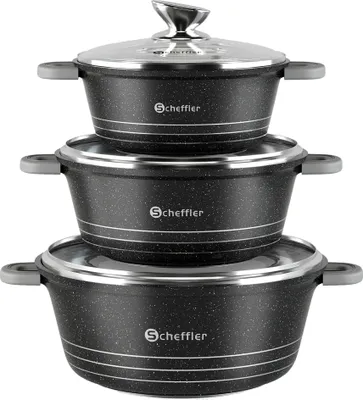 Produktbild von Scheffler Topfset mit Glasdeckel, 28cm,6L/32cm,10L, /36cm,14L, Kochtopf Set Induktions Töpfe Set, mit Antihaftbeschichtung, Töpfe kochtöpfe Induktion, Spülmaschinengeeignet, Schwarz RH-TG283236
