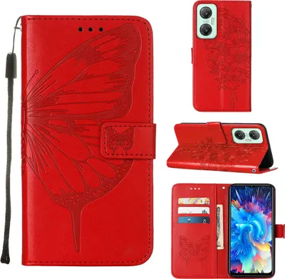 Produktbild von Infinix Hot 20 5G Hülle, Schmetterling Prägung Flip Leder Kartenfächer Schutzhülle Ledertasche mit Ständer für Infinix Hot 20 5G Rot
