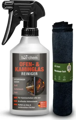Produktbild von bio-chem Ofen- und Kaminscheibenreiniger Kaminglasreiniger - 500 ml Hochleistungs-Aktivschaum inkl. Mikrofasertuch - Entfernt mühelos hartnäckige Ablagerungen wie Ruß, Fette, Rauchharz -  DE