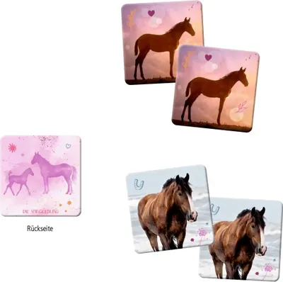 A collage of square cards featuring horse imagery, with some cards showing a mother horse and foal, and others showing a close-up of a horse's head.