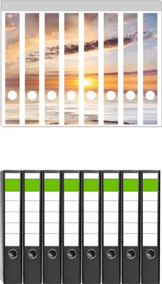 Produktbild von Wallario 8 Stück schmale Ordner inkl. Klebeetiketten mit Motive Sonnenuntergang über dem Wasser -  Set mit Rückenschildern / Ordnerrücken Stickern