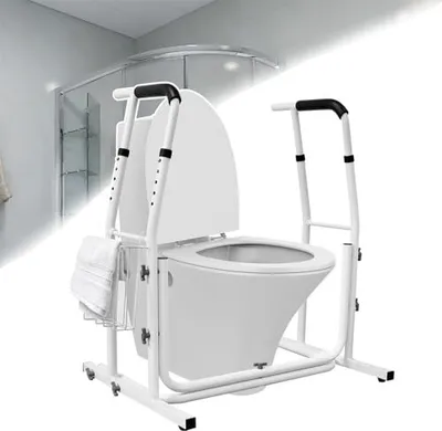 Produktbild von JOIEYOU Aufstehhilfe Toilette, WC Stützen Höhenverstellbar Haltegriffe ohne Bohren mit Armlehnen und Ablagekorb, Toilettenaufsatz für Senioren, MAX Belastbar bis 200KG