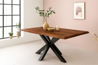 Produktbild von Esstisch Baumkante Akazie massiv 50mm Nussbaum 260 x 100 cm Spider-Gestell schwarz CALI