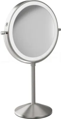Produktbild von DEUSENFELD SL10EFA - Akku Batterie LED Doppel Stand Kosmetikspiegel, 10x Vergrößerung + Normalspiegel, Ø20cm, 360° horizontal schwenkbar, 3 einstellbare Lichtfarben, 10 Min. Timer, Dimmer, 1800mAh Lithium Akku, USB, Edelstahl Finish
