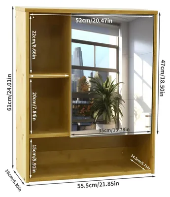 Produktbild von Bambus Wandschrank - Badezimmer Spiegelschrank - Wandmontage für Flur und Küche - Mit Spiegel - Verstellbarer Einlegeboden - Moderne Optik - Holzfarbe