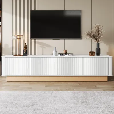 Immagine prodotto di Merax TV Lowboar con 4 ante e ripiani, mobile TV con spazio contenitivo e sistema di gestione dei cavi, mobile TV con frontale scanalato in MDF fino a 80 pollici, bianco