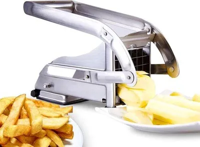 Image de Coupe-pommes de terre manuel à double lame - Coupe-pommes de terre - Coupe-pommes de terre avec système de verrouillage à crémaillère antidérapant - Presse à frites en acier inoxydable - Coupe-pommes de terre manuel - Argent
