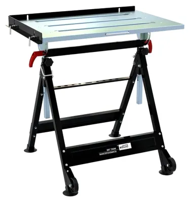 Produktbild von Mobiler Schweißklapptisch mit verzinkter Arbeitsplattform (76 x 51 cm), max. Gewichtsbelastung 150 kg, 4-fach höhenverstellbar, beidseitig 90° schwenkbar, Werkzeugleiste, Transportrollen und Handgriff