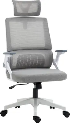 Zdjęcie produktu dla Krzesło biurowe Vinsetto, ergonomiczne krzesło biurowe z regulowanym zagłówkiem, podparciem lędźwiowym, podłokietnikiem, regulacją wysokości, funkcją bujania, tapicerką siatkową, krzesło komputerowe, kolor szary