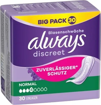 A product package for Always Discreet sanitary pads.